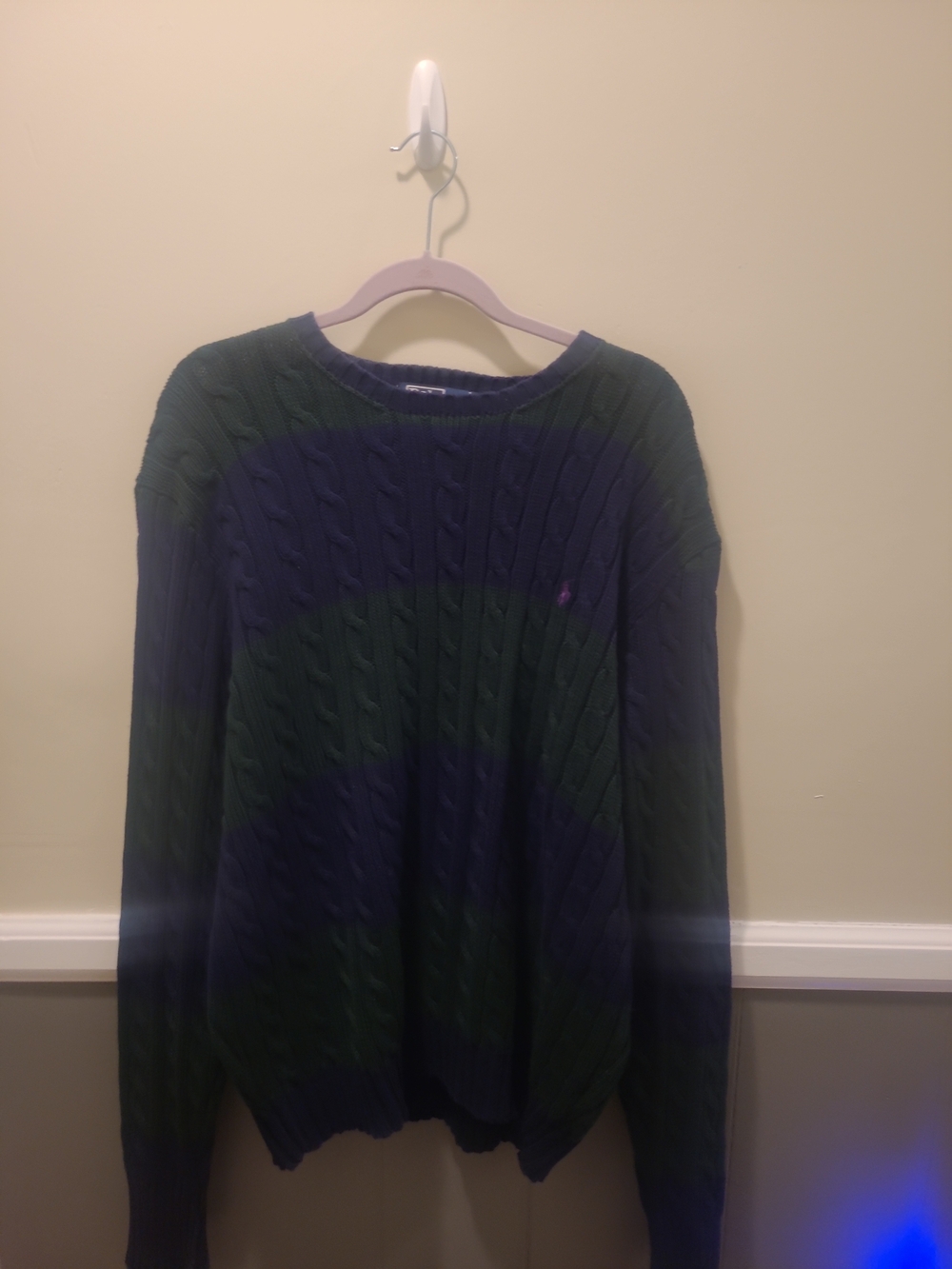 Vintage 90s Polo Ralph Lauren cable knit sweater XXL men Green Blue Stripe...